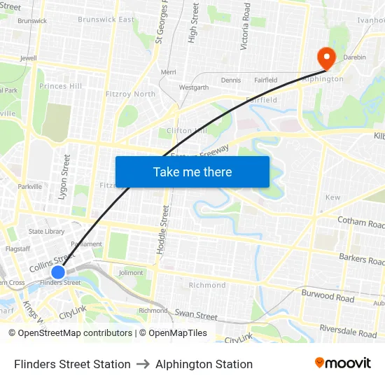 Flinders Street Station to Alphington Station map