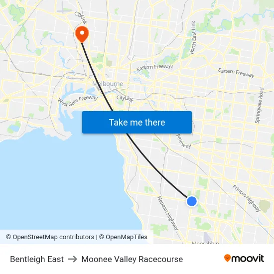 Bentleigh East to Moonee Valley Racecourse map
