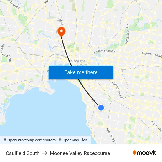 Caulfield South to Moonee Valley Racecourse map