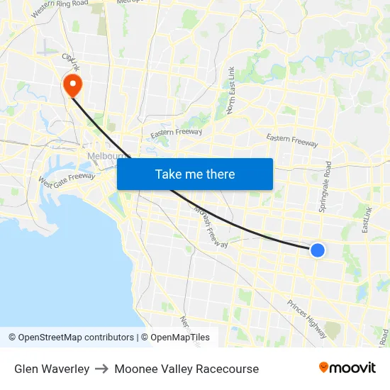 Glen Waverley to Moonee Valley Racecourse map