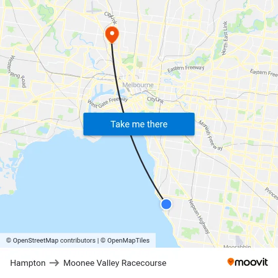 Hampton to Moonee Valley Racecourse map