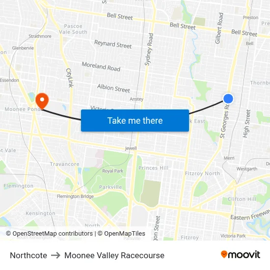 Northcote to Moonee Valley Racecourse map