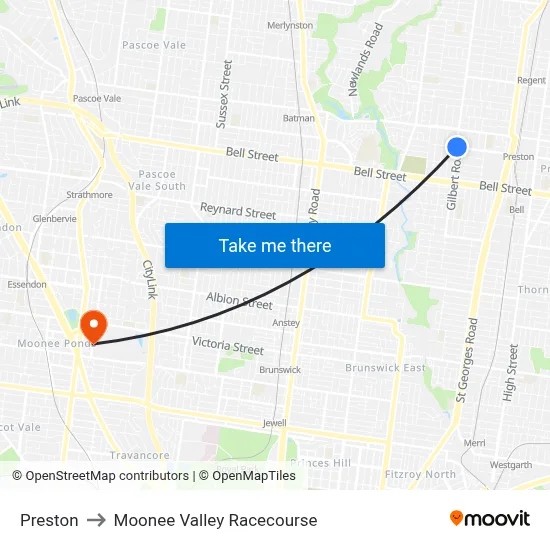 Preston to Moonee Valley Racecourse map