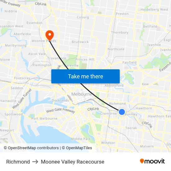 Richmond to Moonee Valley Racecourse map