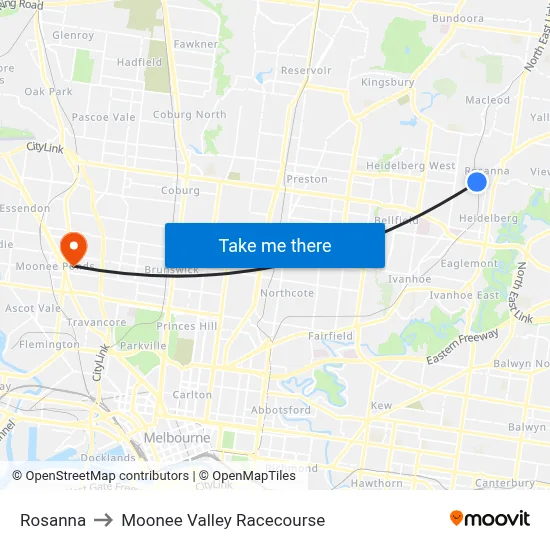 Rosanna to Moonee Valley Racecourse map