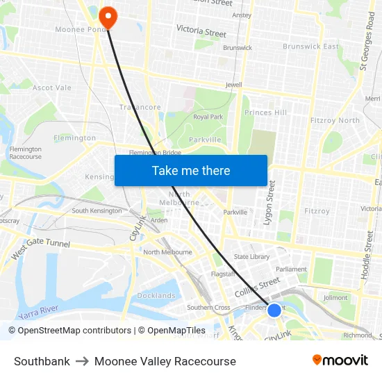 Southbank to Moonee Valley Racecourse map