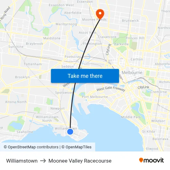 Williamstown to Moonee Valley Racecourse map