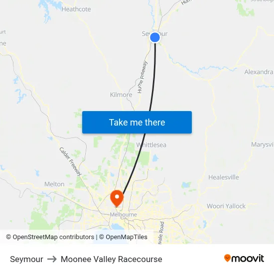 Seymour to Moonee Valley Racecourse map