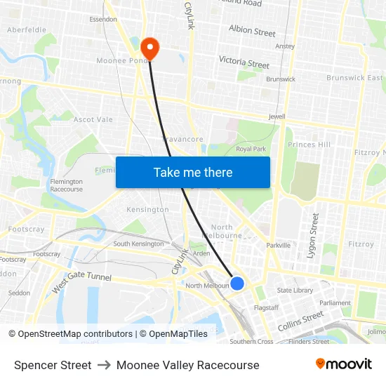 Spencer Street to Moonee Valley Racecourse map