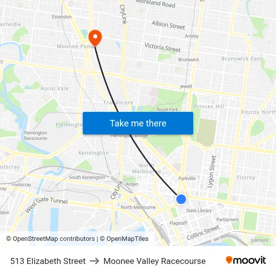 513 Elizabeth Street to Moonee Valley Racecourse map