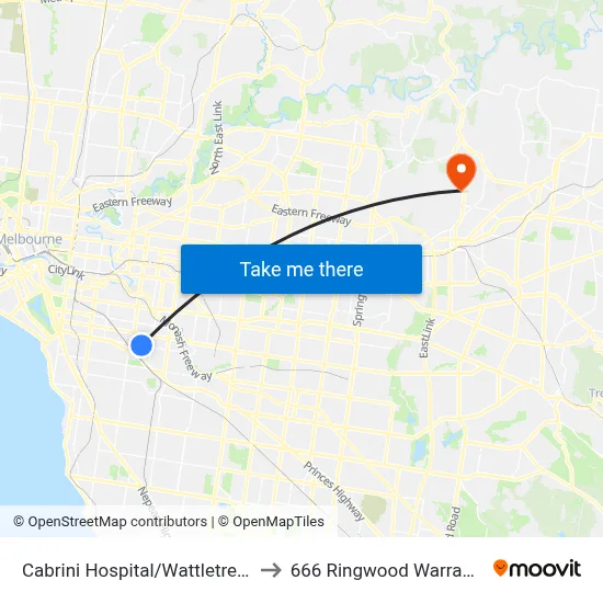 Cabrini Hospital/Wattletree Rd #47 to 666 Ringwood Warrandyte Rd map