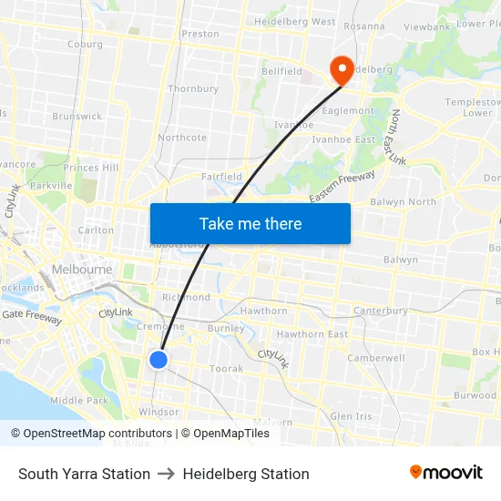 South Yarra Station to Heidelberg Station map