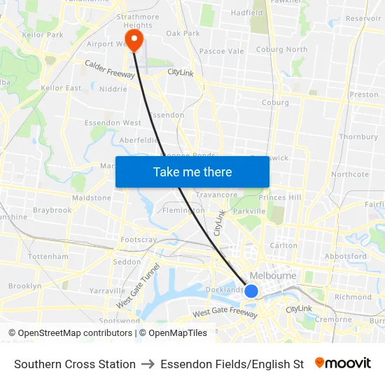 Southern Cross Station to Essendon Fields/English St map