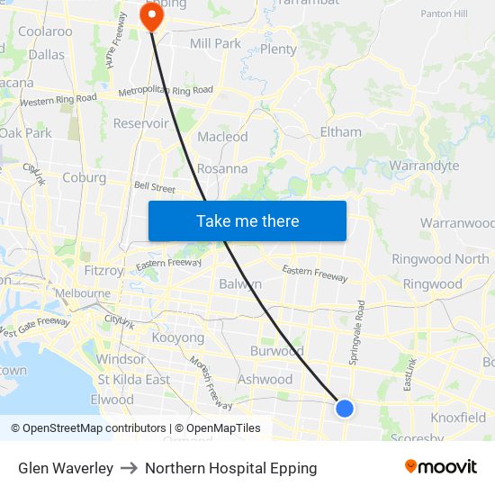 Glen Waverley to Northern Hospital Epping map