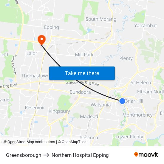 Greensborough to Northern Hospital Epping map