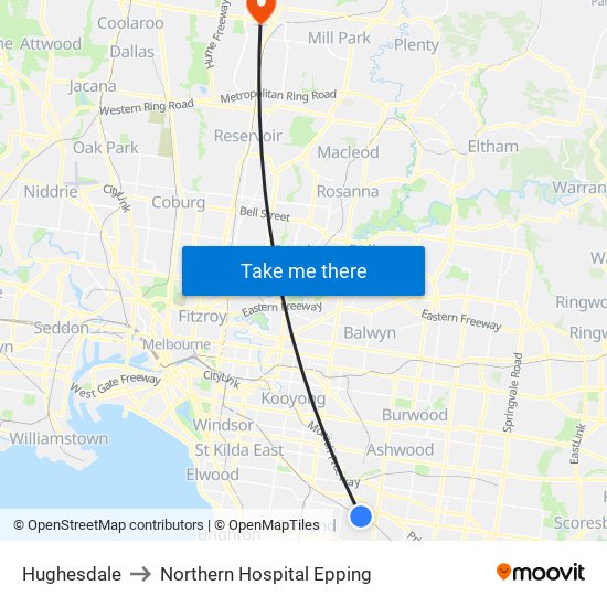 Hughesdale to Northern Hospital Epping map