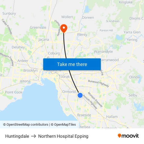 Huntingdale to Northern Hospital Epping map