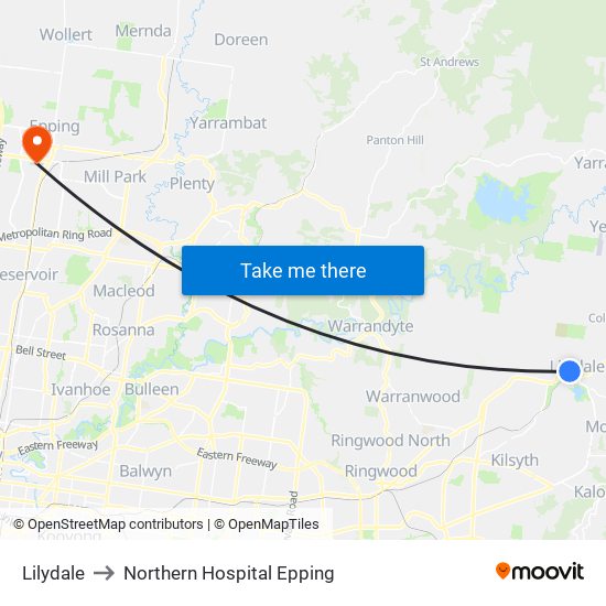 Lilydale to Northern Hospital Epping map