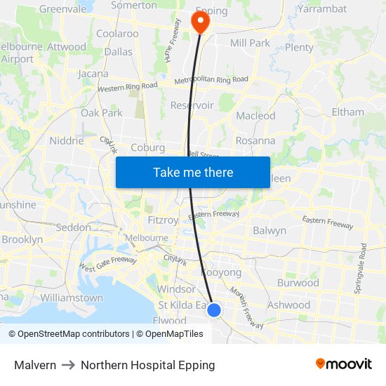 Malvern to Northern Hospital Epping map