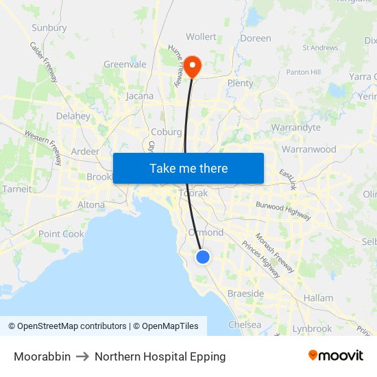 Moorabbin to Northern Hospital Epping map