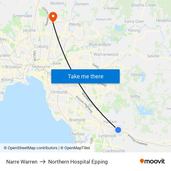 Narre Warren to Northern Hospital Epping map