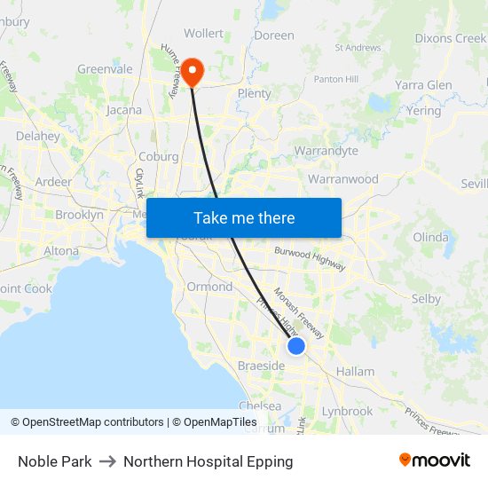 Noble Park to Northern Hospital Epping map