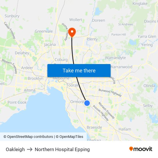 Oakleigh to Northern Hospital Epping map