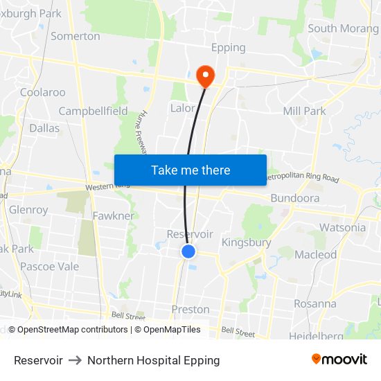Reservoir to Northern Hospital Epping map