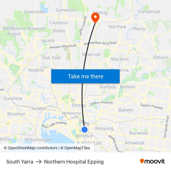 South Yarra to Northern Hospital Epping map