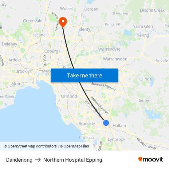 Dandenong to Northern Hospital Epping map