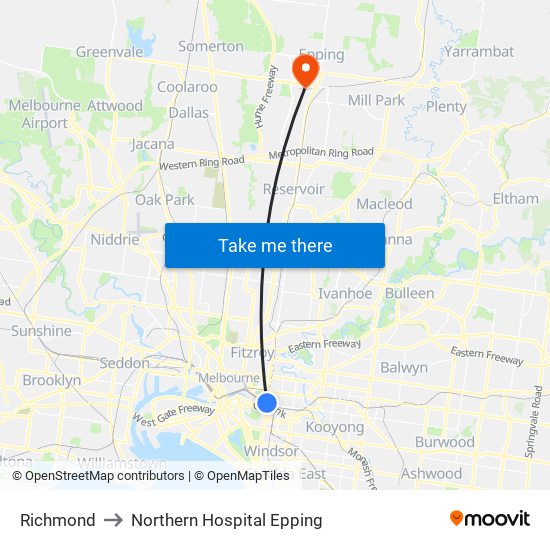 Richmond to Northern Hospital Epping map