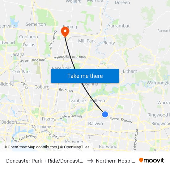 Doncaster Park + Ride/Doncaster Rd (Doncaster) to Northern Hospital Epping map