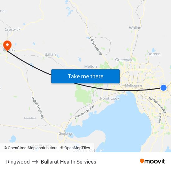 Ringwood to Ballarat Health Services map