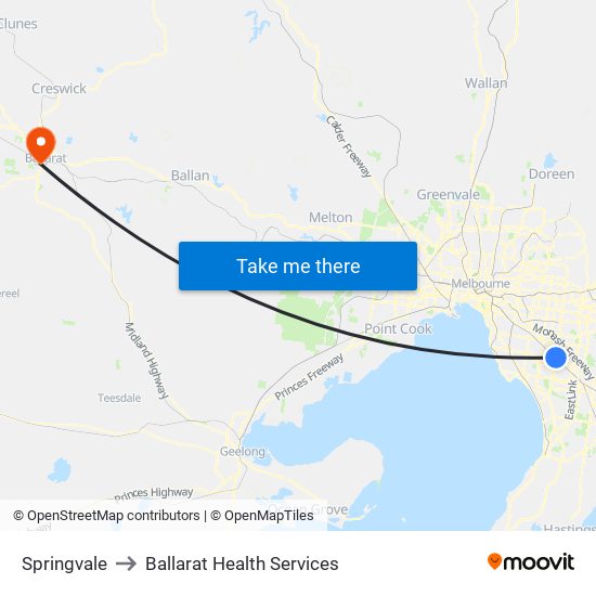 Springvale to Ballarat Health Services map