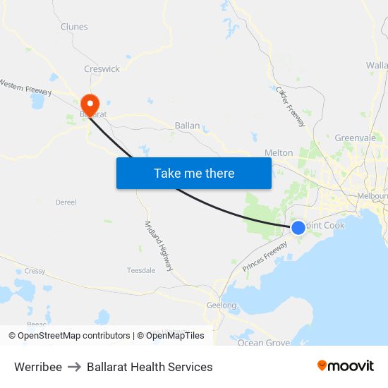 Werribee to Ballarat Health Services map