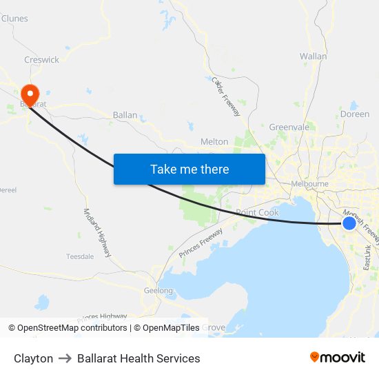 Clayton to Ballarat Health Services map