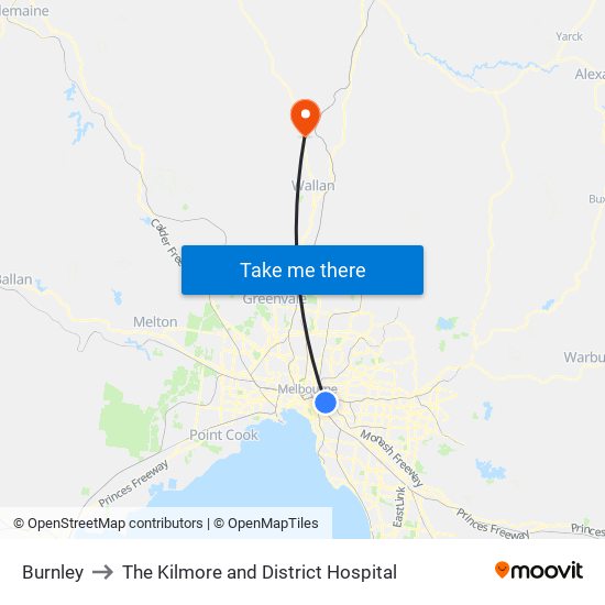 Burnley to The Kilmore and District Hospital map