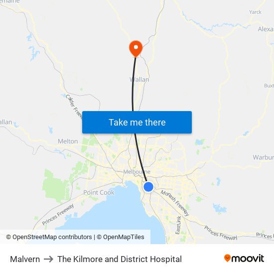 Malvern to The Kilmore and District Hospital map