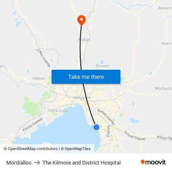 Mordialloc to The Kilmore and District Hospital map