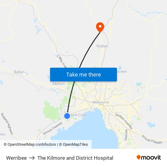 Werribee to The Kilmore and District Hospital map