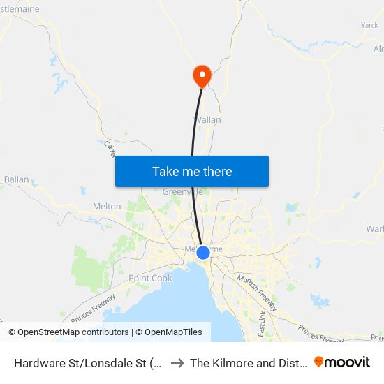 Hardware St/Lonsdale St (Melbourne City) to The Kilmore and District Hospital map
