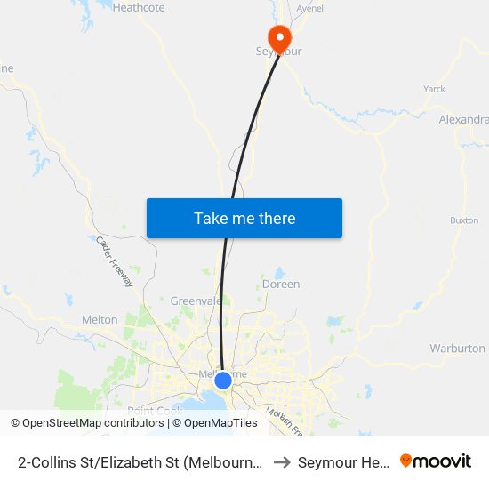 2-Collins St/Elizabeth St (Melbourne City) to Seymour Health map