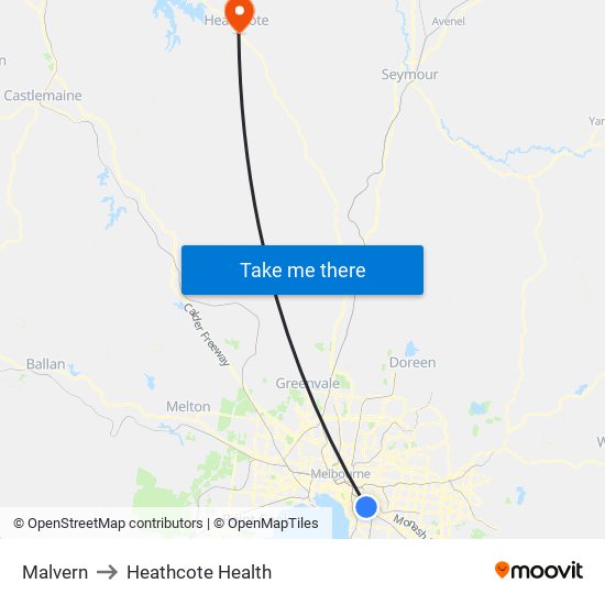 Malvern to Heathcote Health map