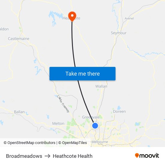 Broadmeadows to Heathcote Health map