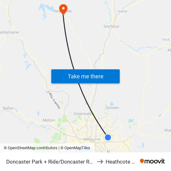 Doncaster Park + Ride/Doncaster Rd (Doncaster) to Heathcote Health map