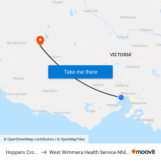 Hoppers Crossing to West Wimmera Health Service-Nhill Campus map