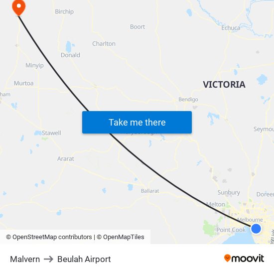Malvern to Beulah Airport map
