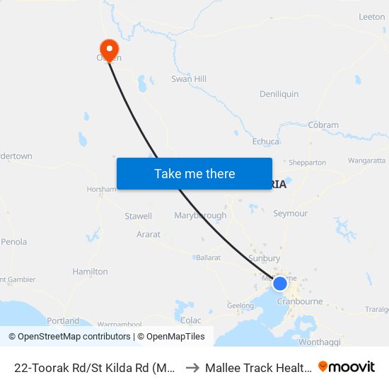 22-Toorak Rd/St Kilda Rd (Melbourne City) to Mallee Track Health Service map