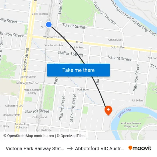 Victoria Park Railway Station to Abbotsford VIC Australia map