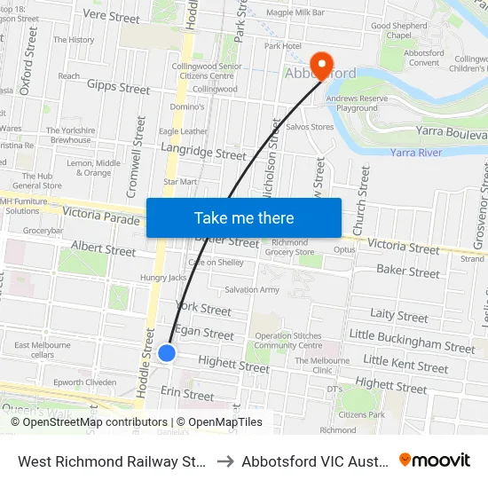 West Richmond Railway Station to Abbotsford VIC Australia map